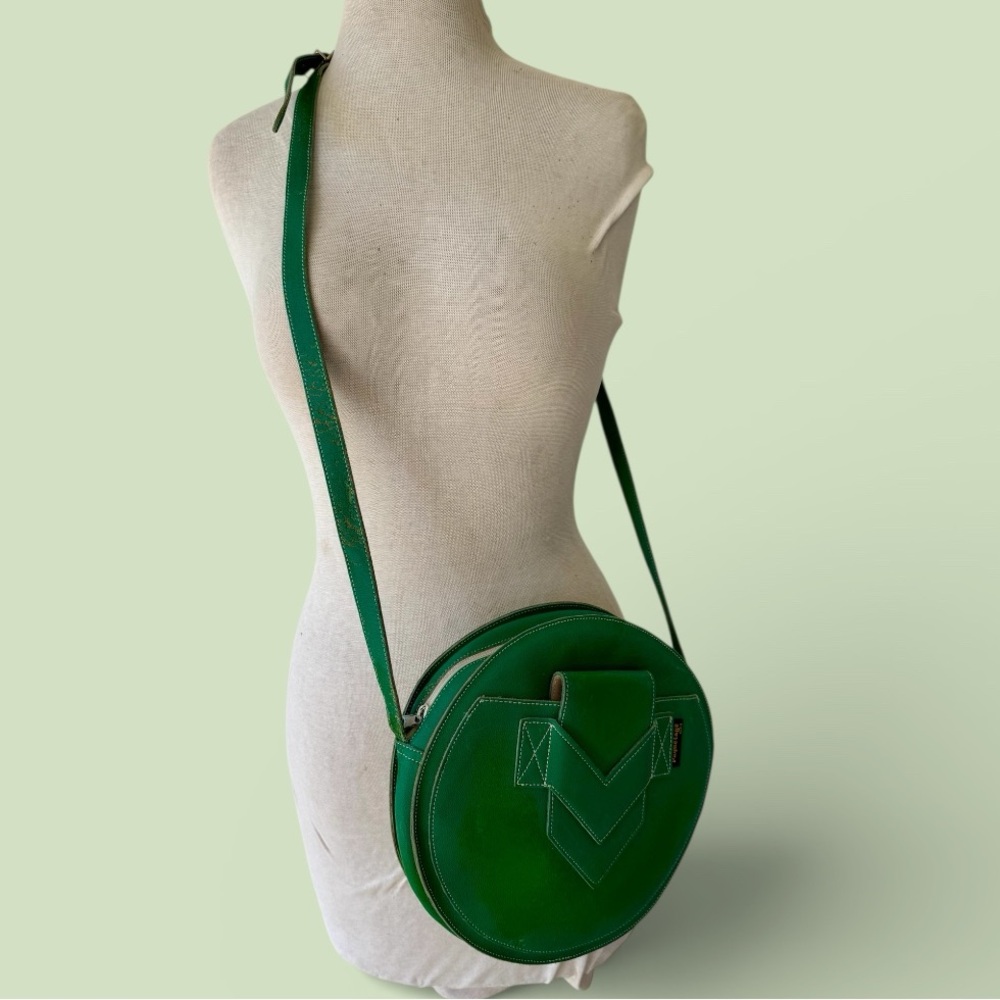 Vtg PAQUETAGE Paris Green Round Shoulder Crossbody Bag Pebbled Leather ~As Is~